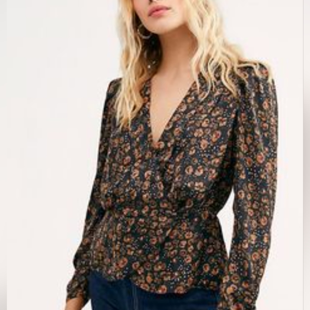 Free People Floral Blouse - Black and Orange